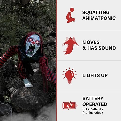 Haunted Hill Farm Life-Size Scary Talking Clown, Halloween Animatronic with Motion and Touch Activated Lights and Sounds, Battery Operated Indoor or Covered Outdoor Halloween Decorations