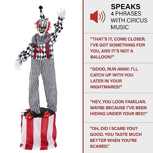 Haunted Hill Farm Life-Size Scary Talking Clown, Halloween Animatronic with Motion and Touch Activated Lights and Sounds, Battery Operated Indoor or Covered Outdoor Halloween Decorations