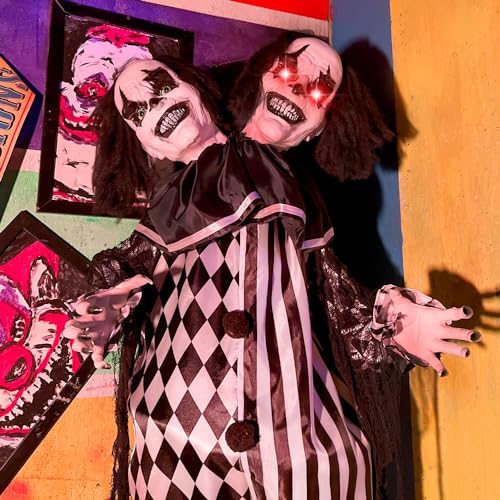 Haunted Hill Farm Life-Size Scary Talking Clown, Halloween Animatronic with Motion and Touch Activated Lights and Sounds, Battery Operated Indoor or Covered Outdoor Halloween Decorations