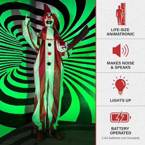 Haunted Hill Farm Life-Size Scary Talking Clown, Halloween Animatronic with Motion and Touch Activated Lights and Sounds, Battery Operated Indoor or Covered Outdoor Halloween Decorations