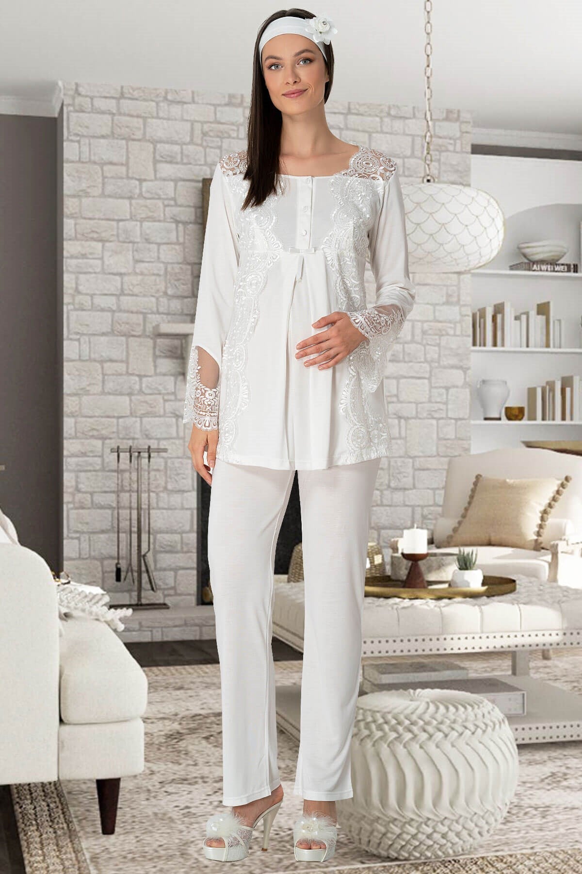 Shopymommy 5353 Lace Collar 3-Pieces Maternity & Nursing Pajamas With Robe Ecru-1