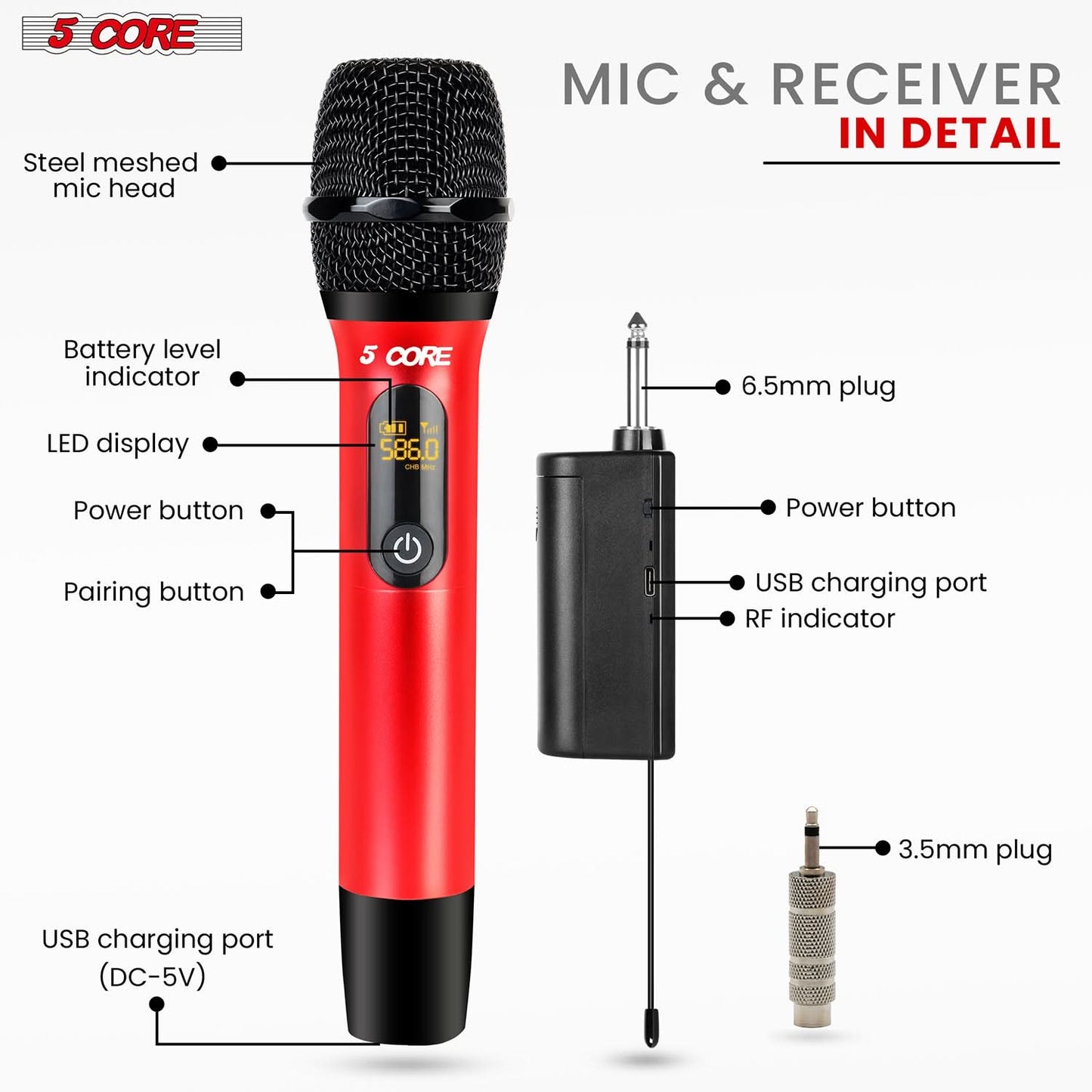 5Core Wireless Microphone Pair UHF Handheld Microfonos Inalambricos Cordless Mic RED + BLACK-1