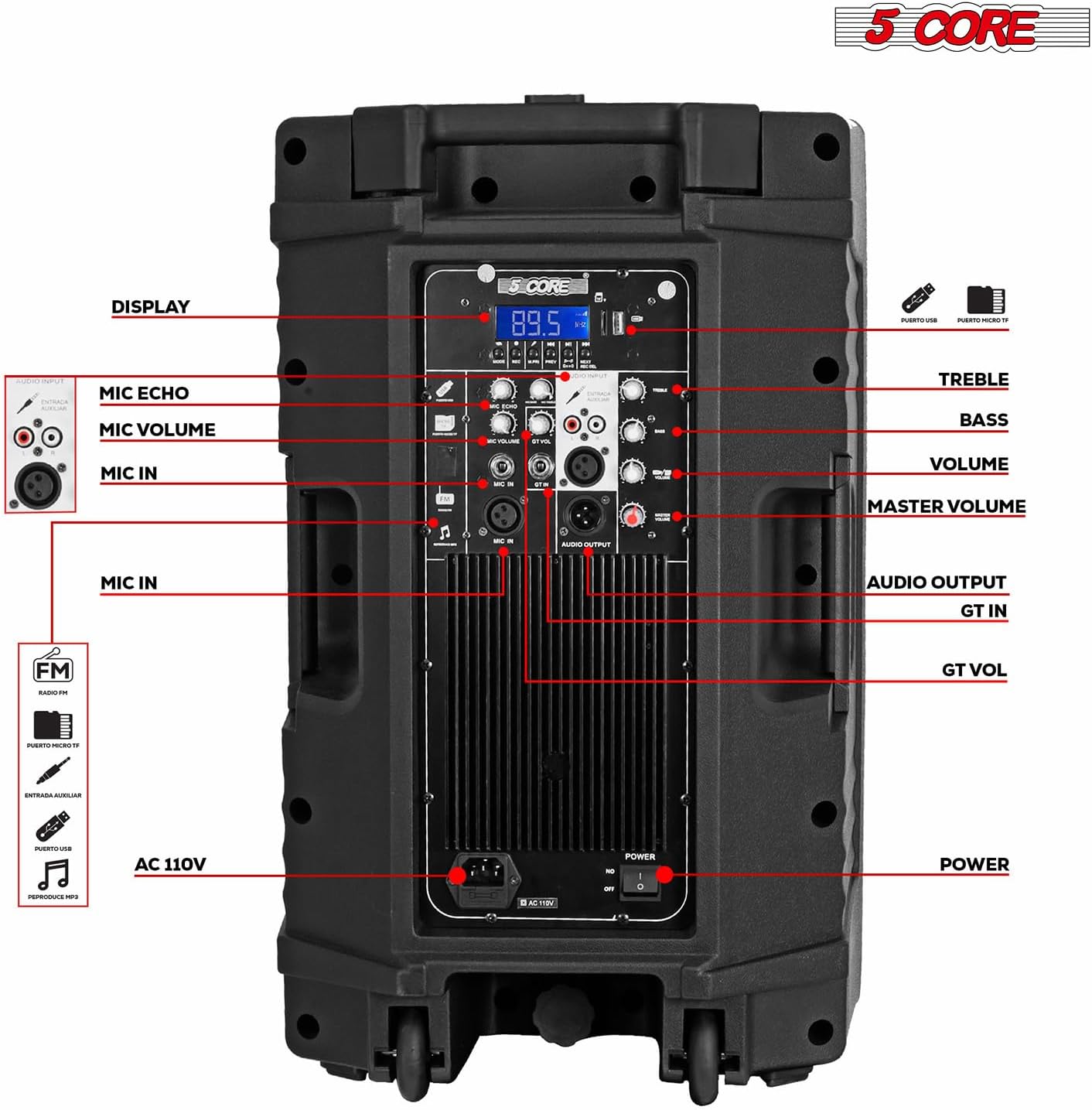 5 Core 12 Inch Professional 3000W Powered PA System Pair 2 Way TWS Bluetooth Speaker +4 Wireless UHF Mics +2 Stand +2 Bags XLR in/Out Active Preamp Outdoor Sound Set for DJ Party-4