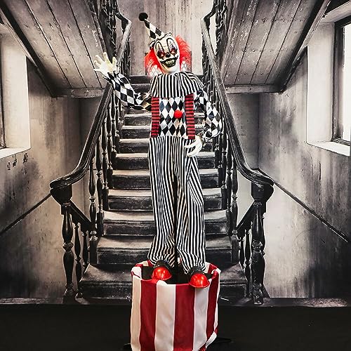 Haunted Hill Farm Life-Size Scary Talking Clown, Halloween Animatronic with Motion and Touch Activated Lights and Sounds, Battery Operated Indoor or Covered Outdoor Halloween Decorations