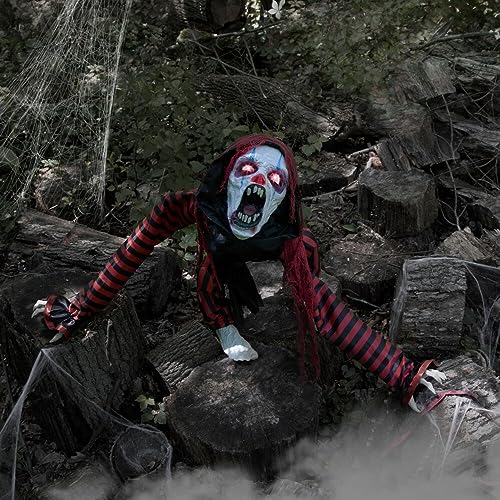 Haunted Hill Farm Life-Size Scary Talking Clown, Halloween Animatronic with Motion and Touch Activated Lights and Sounds, Battery Operated Indoor or Covered Outdoor Halloween Decorations