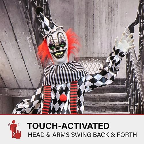 Haunted Hill Farm Life-Size Scary Talking Clown, Halloween Animatronic with Motion and Touch Activated Lights and Sounds, Battery Operated Indoor or Covered Outdoor Halloween Decorations