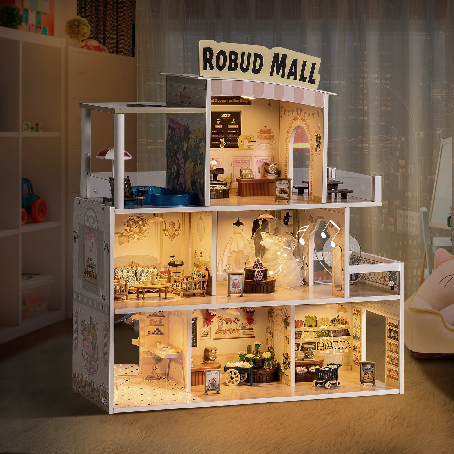 Wooden Shopping Mall Dollhouse, Pretend Playset for Kids, Suitable for Christmas Party& Birthday