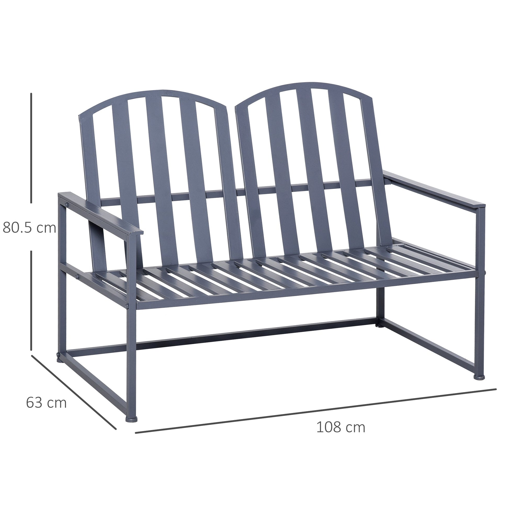 Garden Bench Loveseat 2 Seat Chair for Outdoor Park, Yard, Steel Frame, Decorative Slatted Design, Grey-2