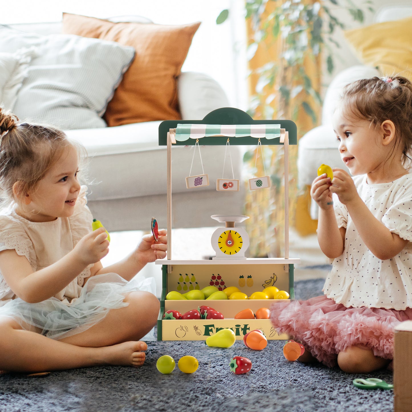 Wooden Farmers Market Stand Fruit Stall, Toy Grocery Store Set for Kids