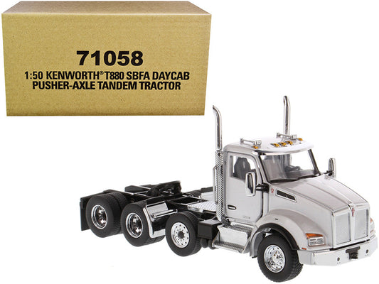 Kenworth T880 SBFA Day Cab Pusher-Axle Tandem Truck Tractor White Metallic 1/50 Diecast Model by Diecast Masters-0