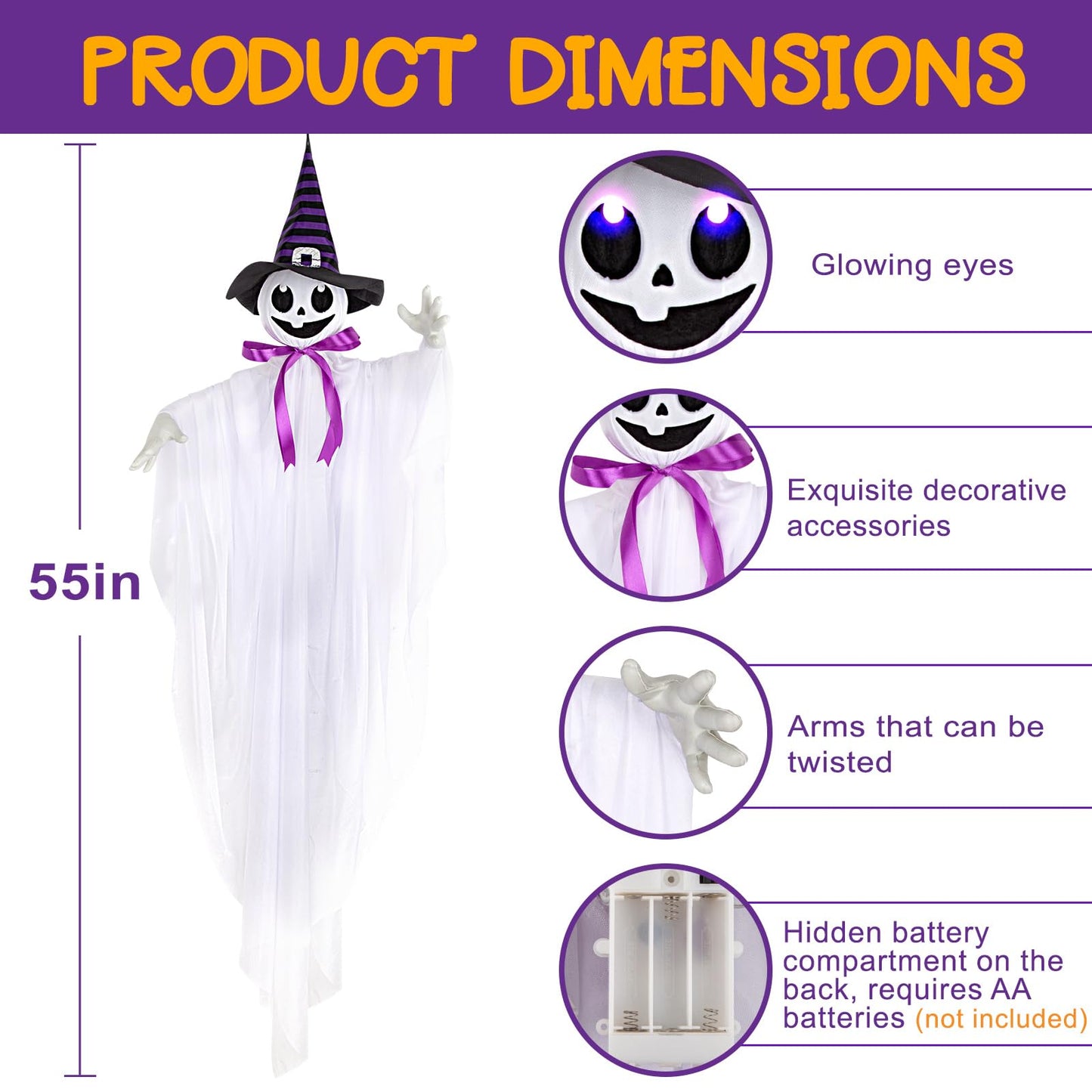 55” Halloween Hanging Animatronics Witch Hat Ghost with LED Lights, Sound Activated, and Shaking Arms - Perfect for Halloween Haunted House Prop Décor, Indoor/Outdoor Display, Lawn, Party