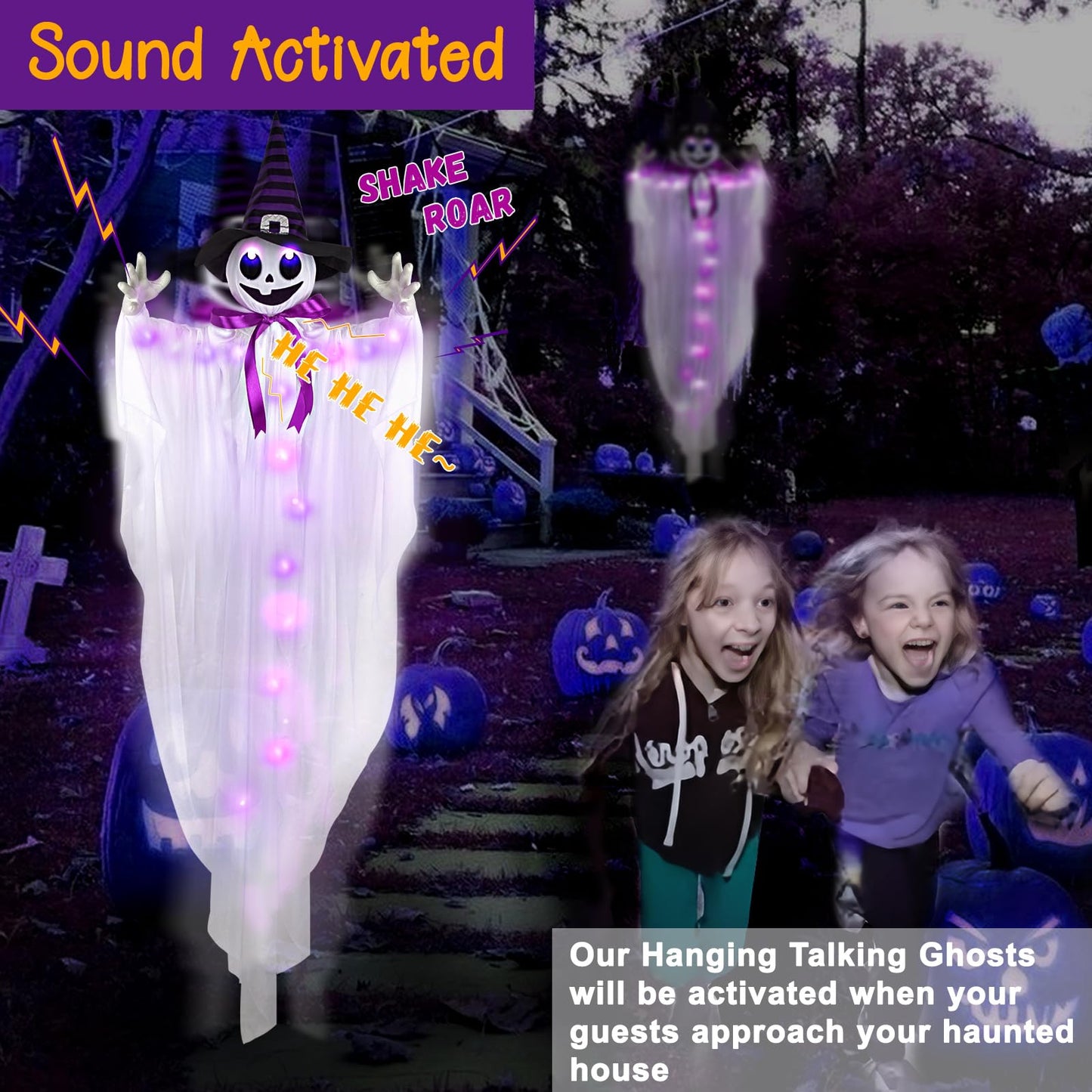 55” Halloween Hanging Animatronics Witch Hat Ghost with LED Lights, Sound Activated, and Shaking Arms - Perfect for Halloween Haunted House Prop Décor, Indoor/Outdoor Display, Lawn, Party