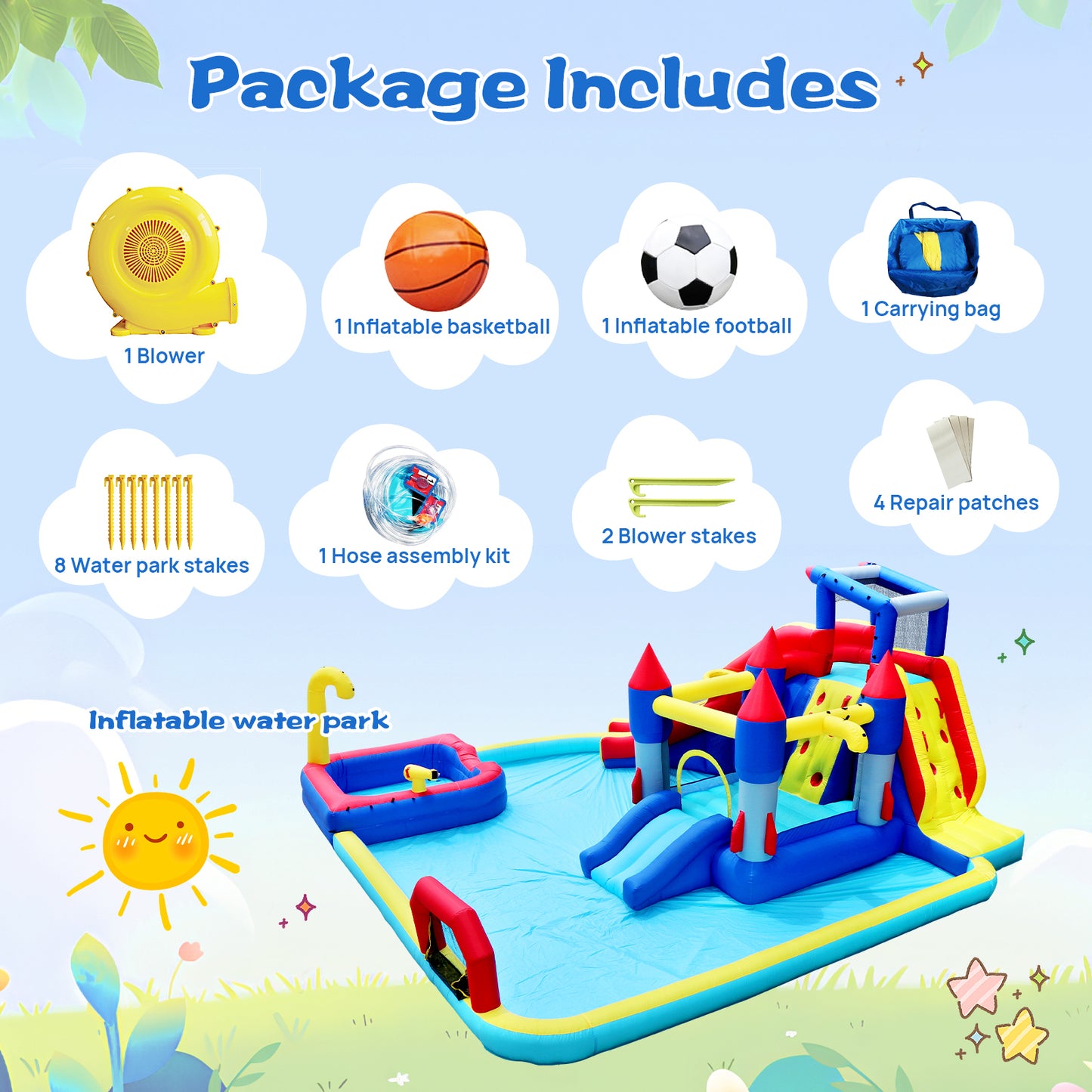 10 in1 Inflatable slide water park  bouncing house garden with splash pool & water gun & basketball & climbing wall & dual pools & soccer