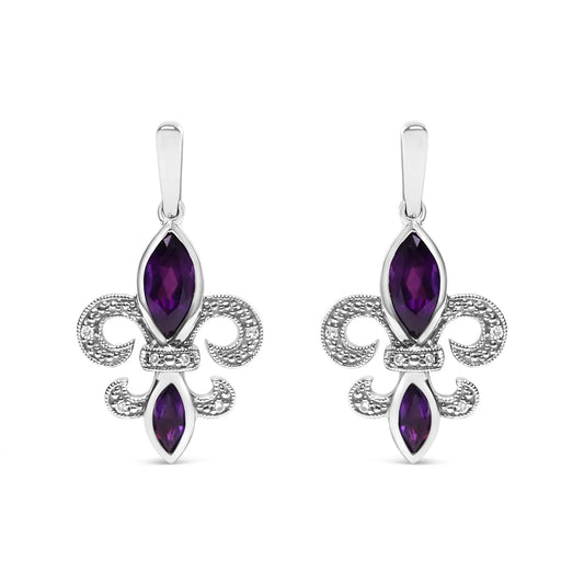 .925 Sterling Silver Marquise Cut Amethyst and Diamond Accent Fleur De Lis Dangle Stud Earrings (H-I Color, SI1-SI2 Clarity)