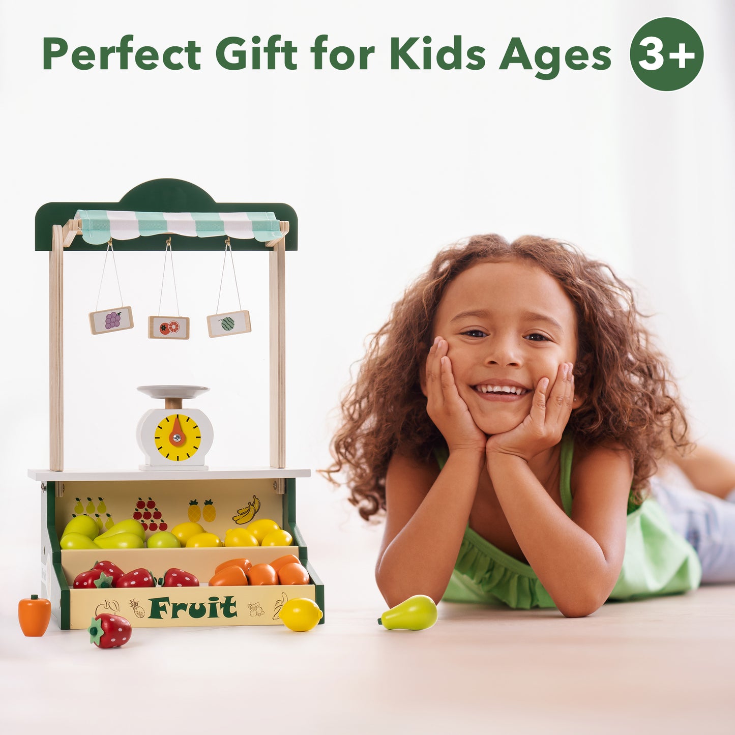 Wooden Farmers Market Stand Fruit Stall, Toy Grocery Store Set for Kids