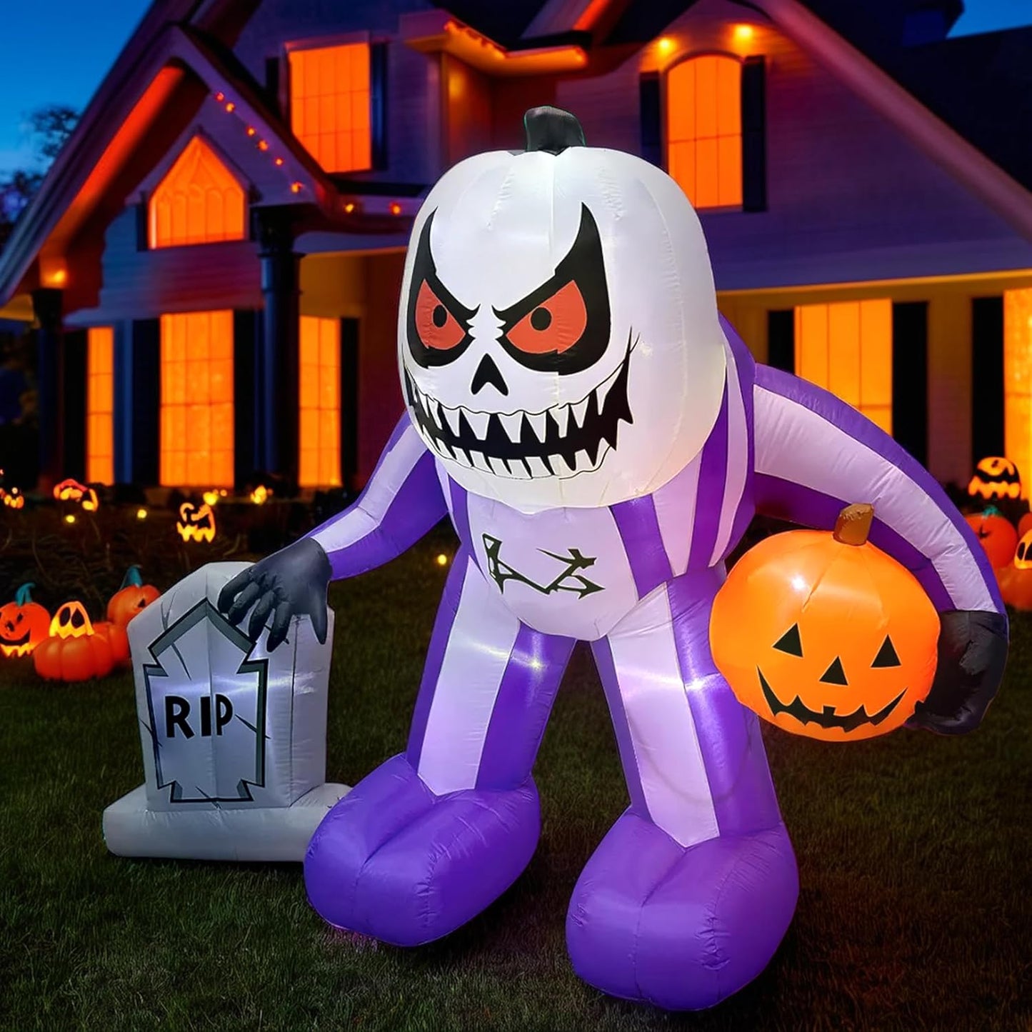 Halloween Inflatables for Outdoor Decor - 6FT Halloween Blow Up Yard Decorations with Built-in LEDs, Pumpkin and Tombstone - Halloween Blow Ups for Garden, Lawn, Yard and Party - Giant Halloween Decor