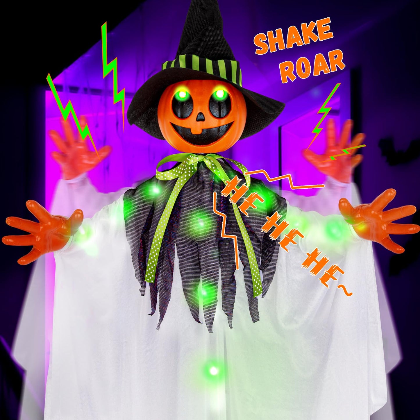 55” Halloween Hanging Animatronics Witch Hat Ghost with LED Lights, Sound Activated, and Shaking Arms - Perfect for Halloween Haunted House Prop Décor, Indoor/Outdoor Display, Lawn, Party