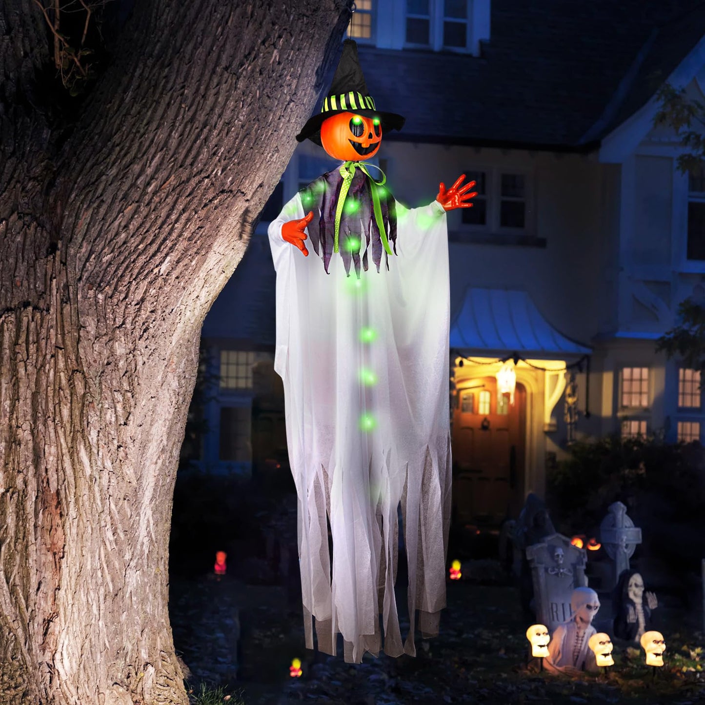 55” Halloween Hanging Animatronics Witch Hat Ghost with LED Lights, Sound Activated, and Shaking Arms - Perfect for Halloween Haunted House Prop Décor, Indoor/Outdoor Display, Lawn, Party