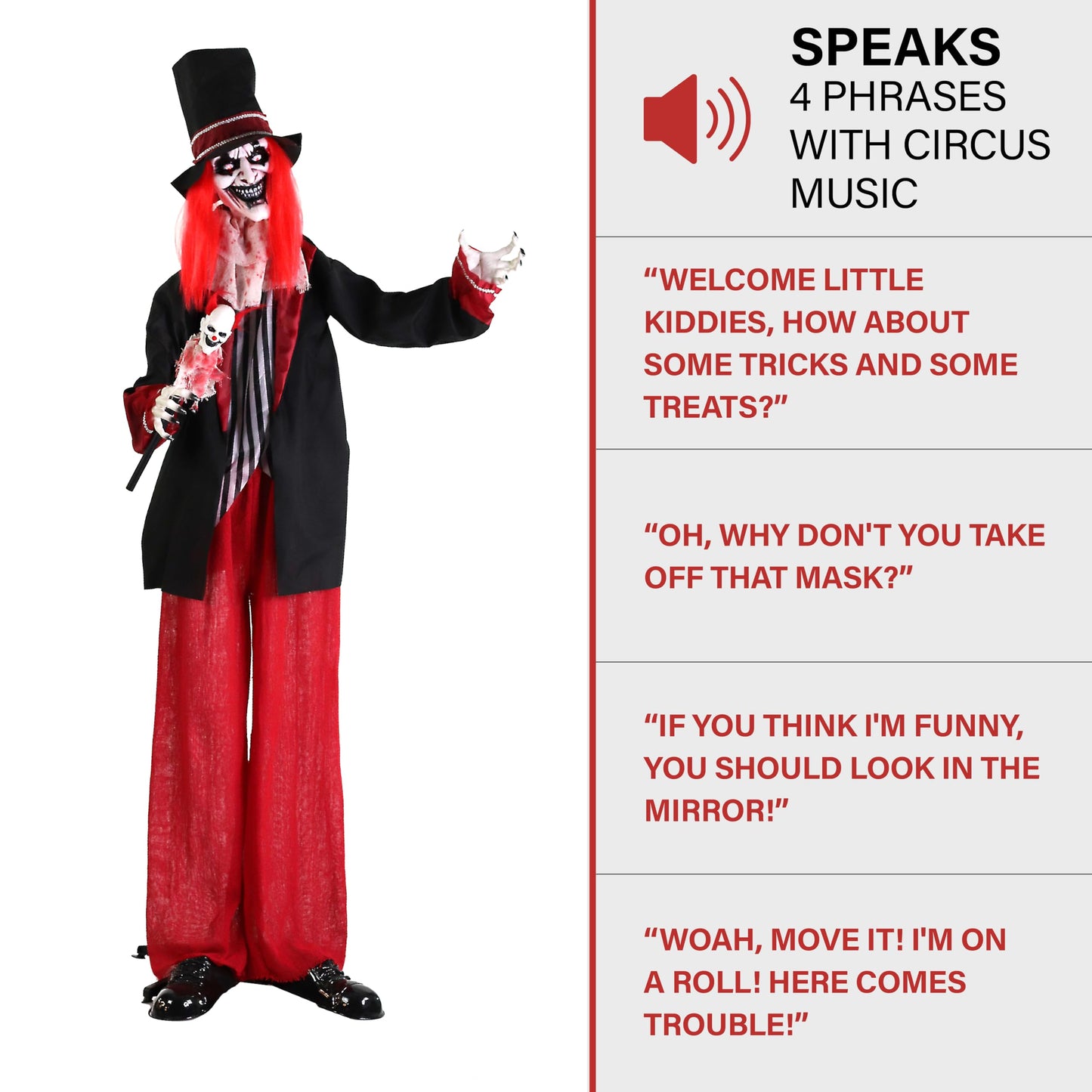 Haunted Hill Farm Life-Size Scary Talking Clown, Halloween Animatronic with Motion and Touch Activated Lights and Sounds, Battery Operated Indoor or Covered Outdoor Halloween Decorations