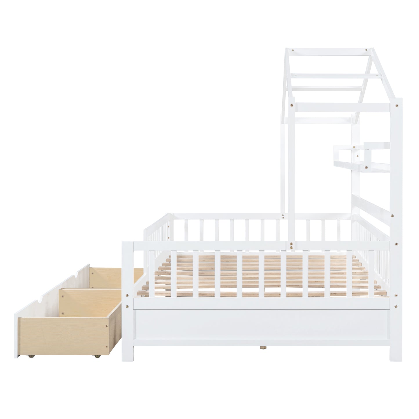 Wooden Full Size House Bed with 2 Drawers,Kids Bed with Storage Shelf, White