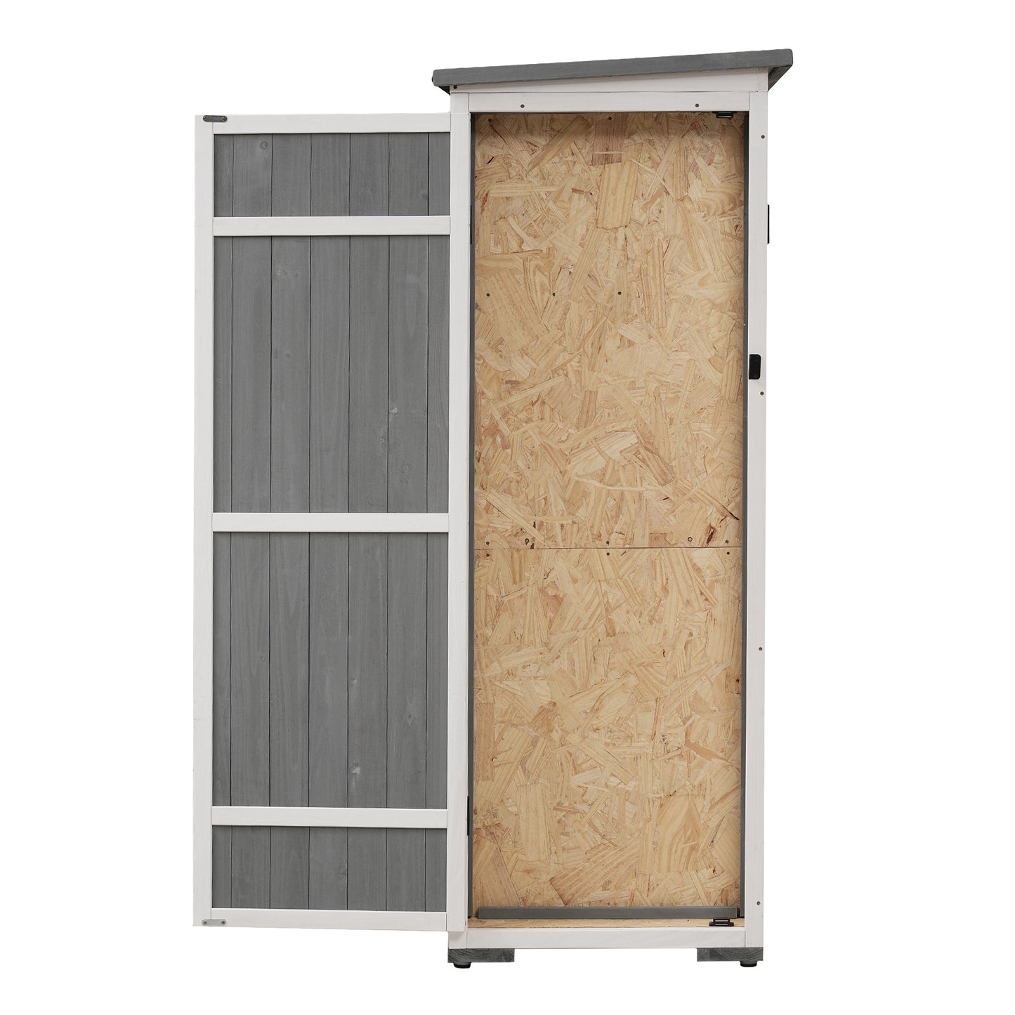 [Video Provided] TOPMAX Outdoor 5.5ft Hx4.1ft L Wood Storage Shed, Garden Tool Cabinet with Waterproof Asphalt Roof, Four Lockable Doors, Multiple-tier Shelves, White and Gray