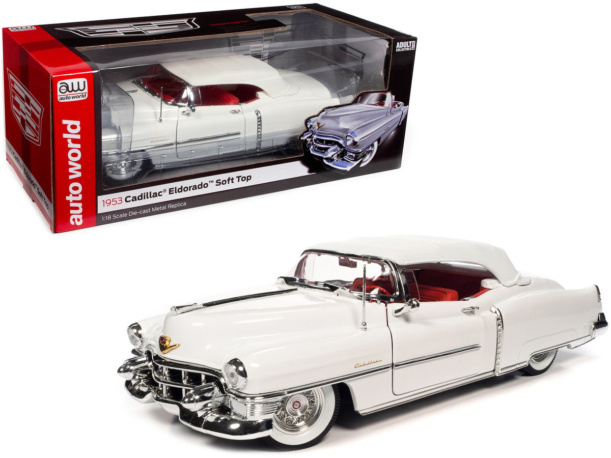 1953 Cadillac Eldorado Soft Top Alpine White with Red Interior 1/18 Diecast Model Car by Auto World-0