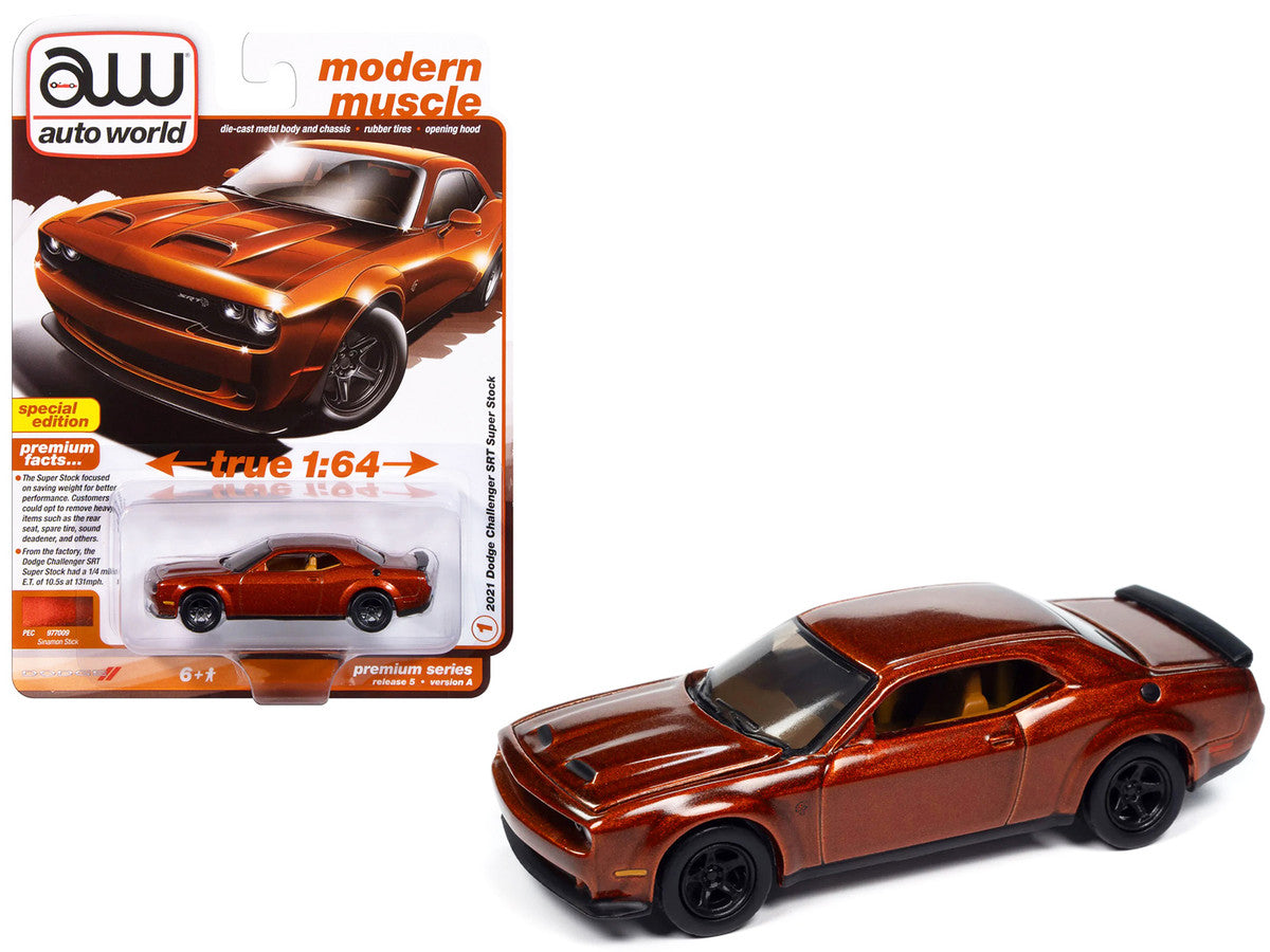 2021 Dodge Challenger SRT Super Stock Sinamon Stick Orange Metallic "Modern Muscle" Series 1/64 Diecast Model Car by Auto World-2