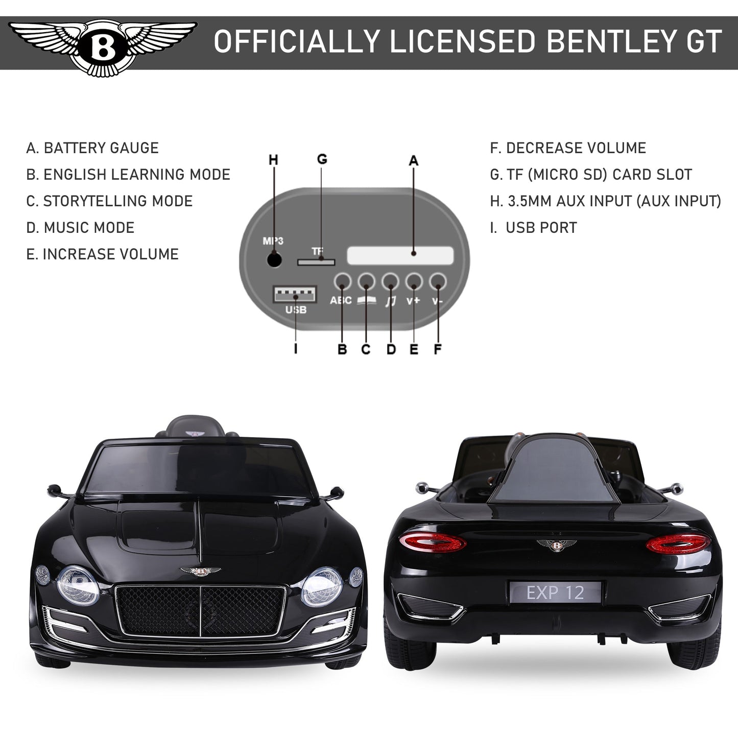 Kids Electric Car 6V Battery PP Licensed Bentley Ride On Toys Black-3