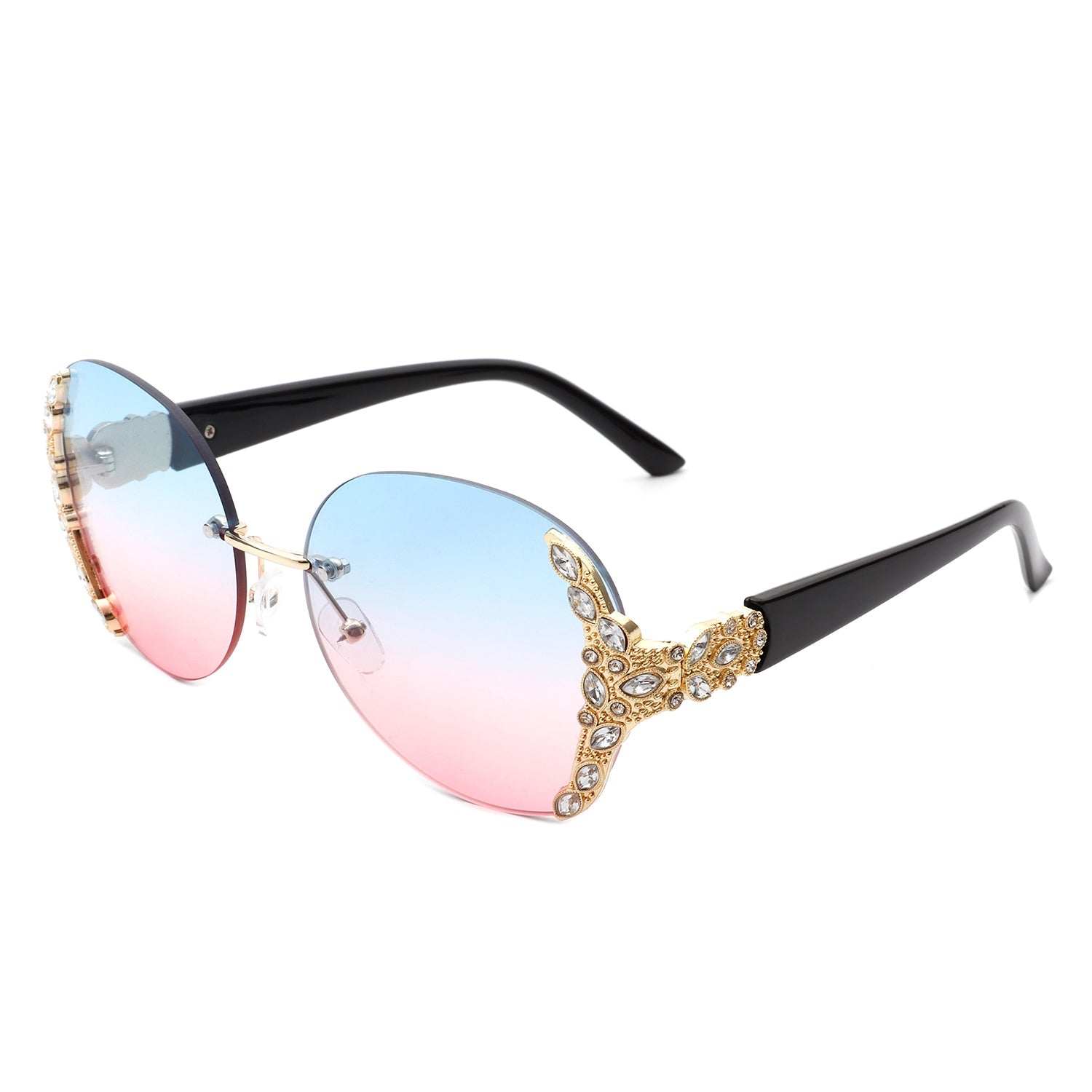 Jadeisle - Women Oval Rimless Rhinestone Design Round Oversize Sunglasses-6