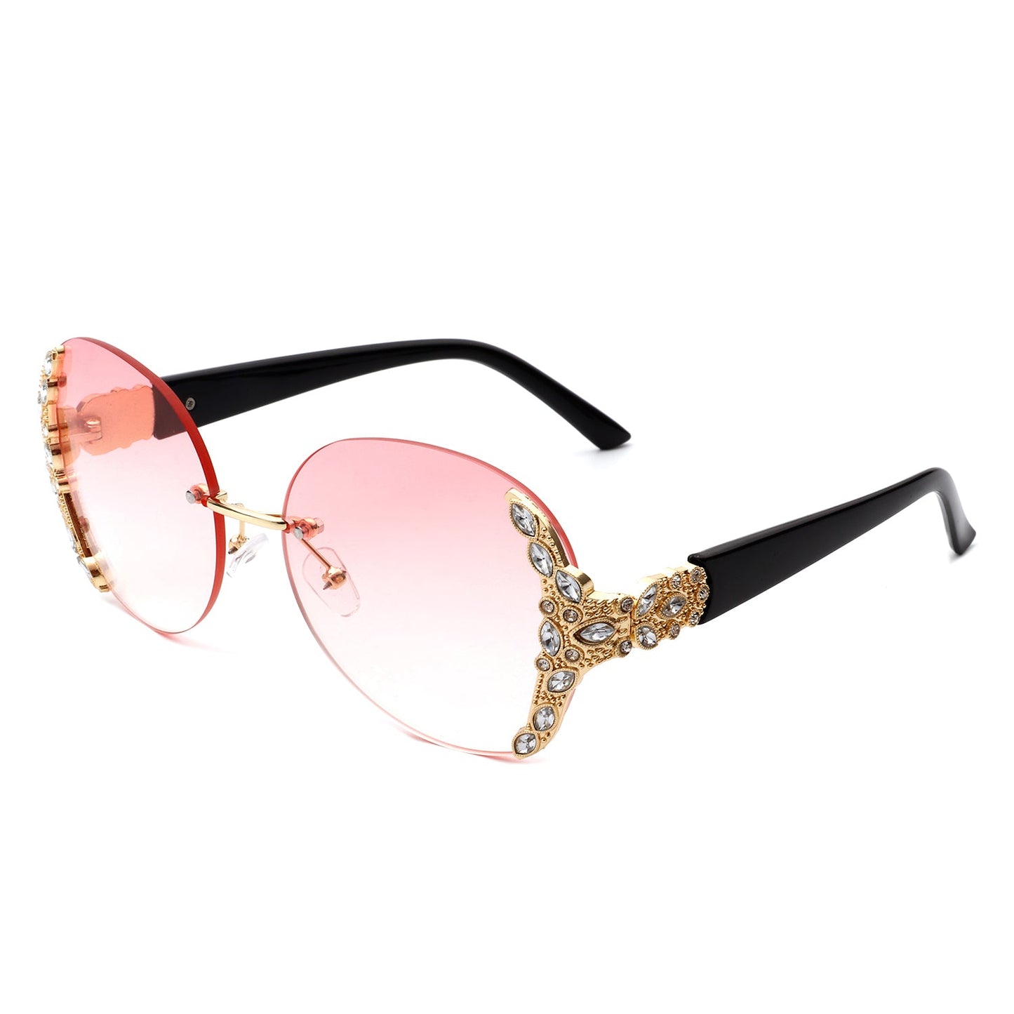 Jadeisle - Women Oval Rimless Rhinestone Design Round Oversize Sunglasses-7