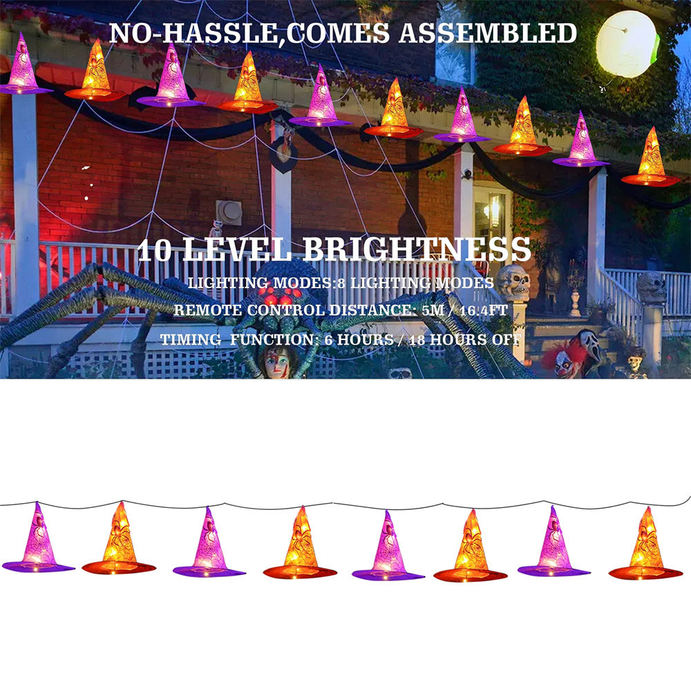 8 Pcs Hanging Witch Hat String Lights Remote Controlled Halloween Decorations for Outdoor Party