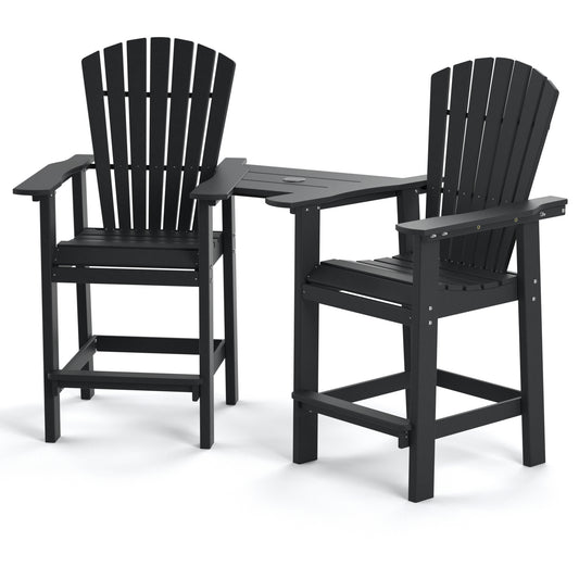 Patio Bar Stools Adirondack Arm Chairs Set of 2, All Weather Outdoor Furniture Wood-Like HDPE Deck Backyard Garden Dining Chairs, Beach Balcony Chair Barstool with Removable Table