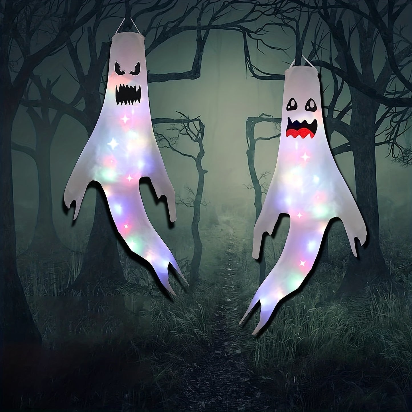 2pcs, 47" Halloween Ghost Windsocks Decorations With LED Light Outdoor Halloween Decorations Hanging Ghost Windsocks D?cor For Halloween