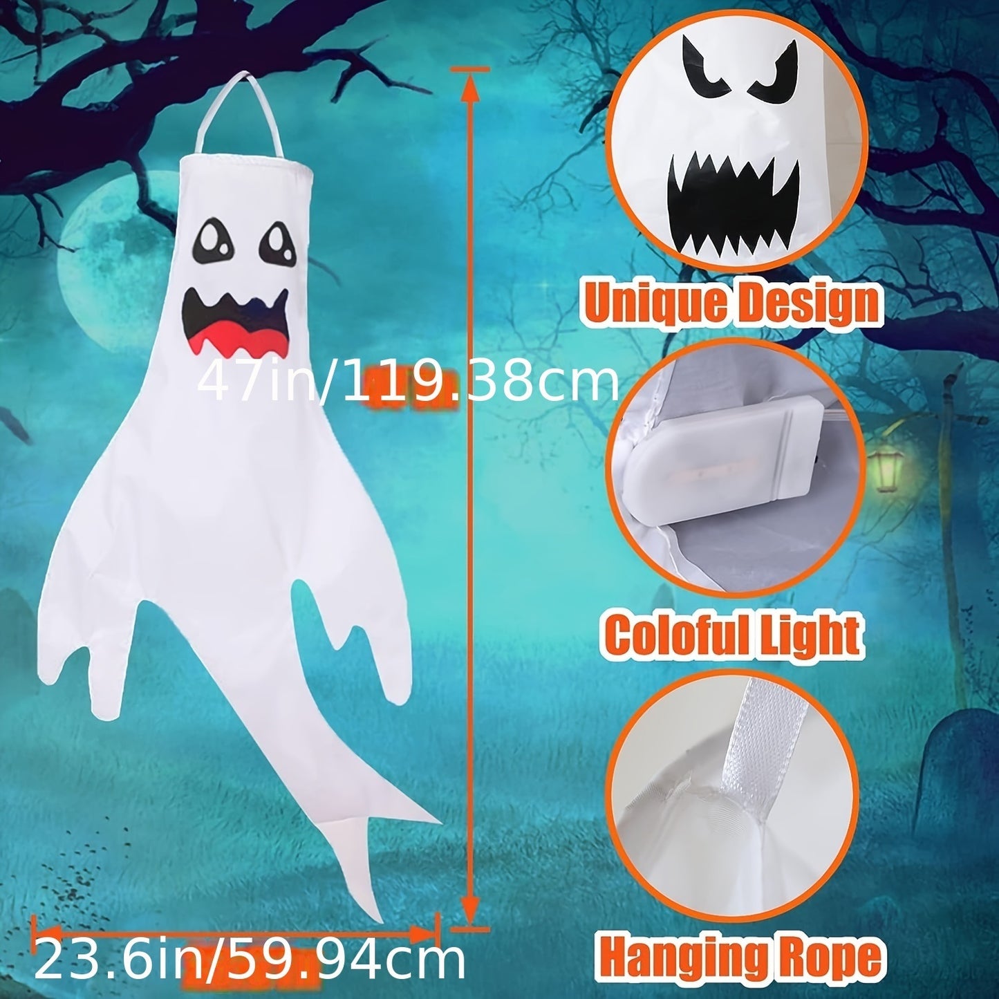 2pcs, 47" Halloween Ghost Windsocks Decorations With LED Light Outdoor Halloween Decorations Hanging Ghost Windsocks D?cor For Halloween