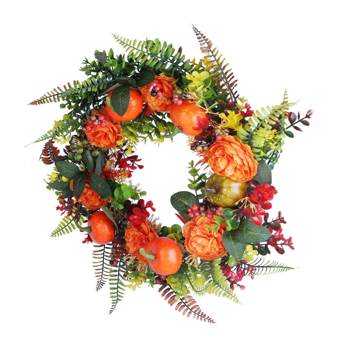 17.71IN Autumn Wreath with Pumpkin Mixed Leaves Berries Flowers Fall Decoration for Indoor Outdoor Window Wall Front Door in Halloween Thanks Giving Day