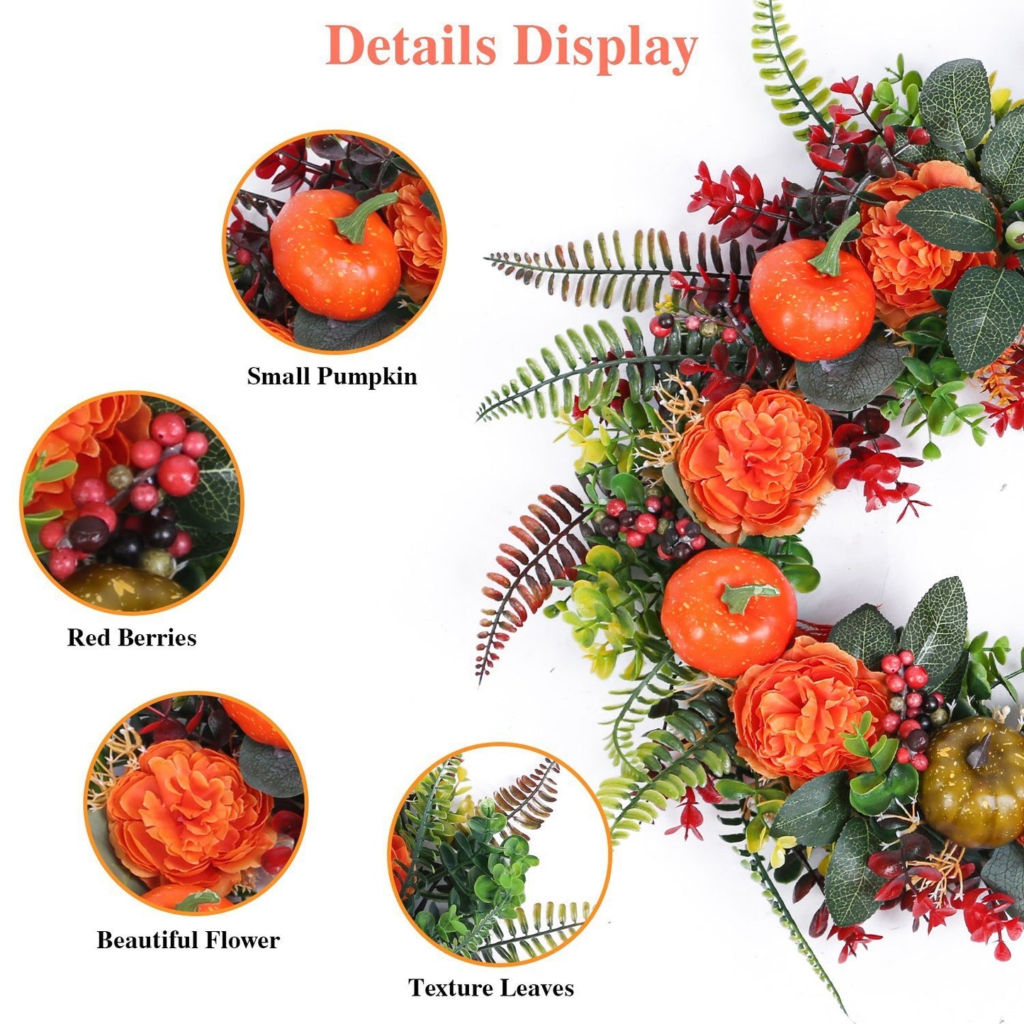 17.71IN Autumn Wreath with Pumpkin Mixed Leaves Berries Flowers Fall Decoration for Indoor Outdoor Window Wall Front Door in Halloween Thanks Giving Day