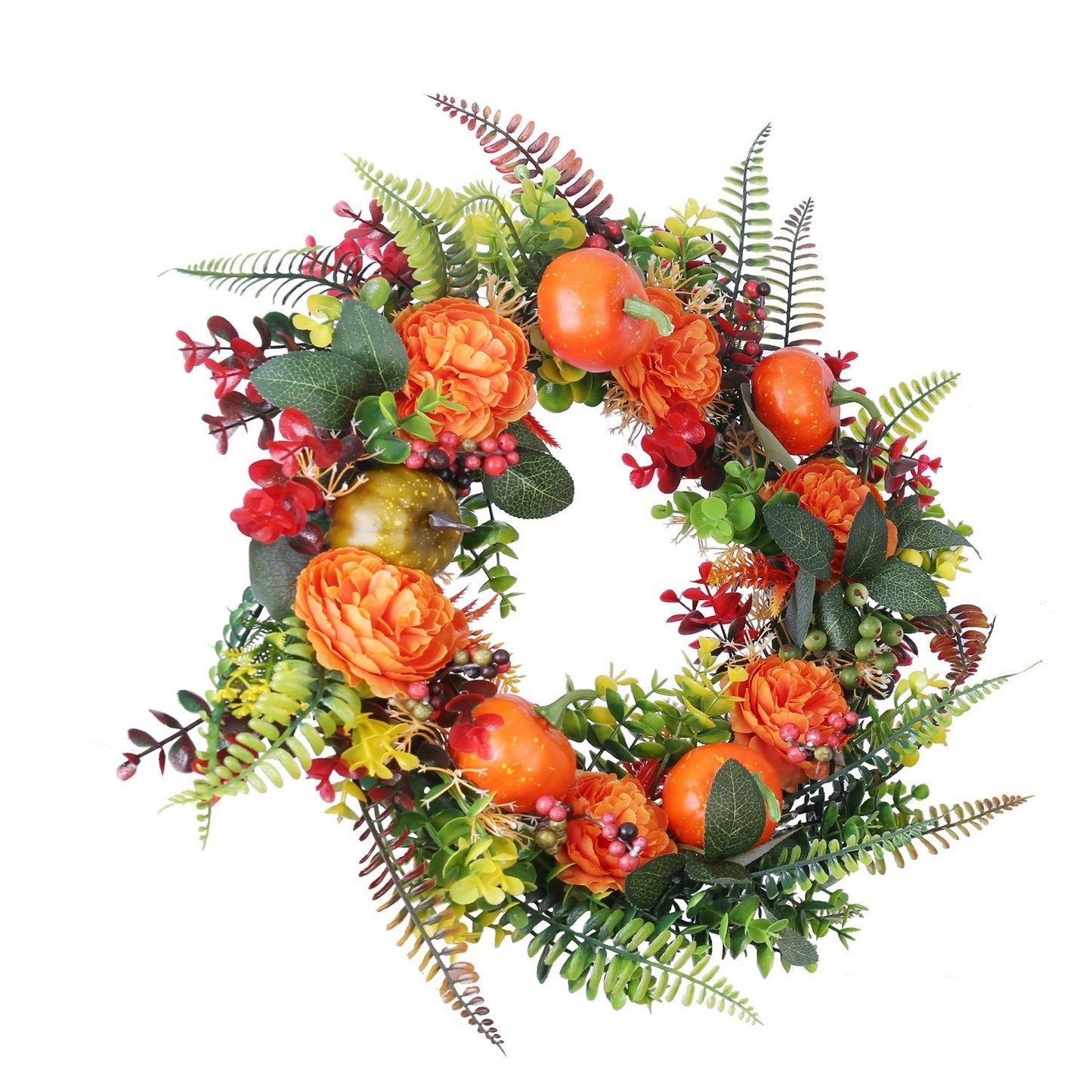 17.71IN Autumn Wreath with Pumpkin Mixed Leaves Berries Flowers Fall Decoration for Indoor Outdoor Window Wall Front Door in Halloween Thanks Giving Day