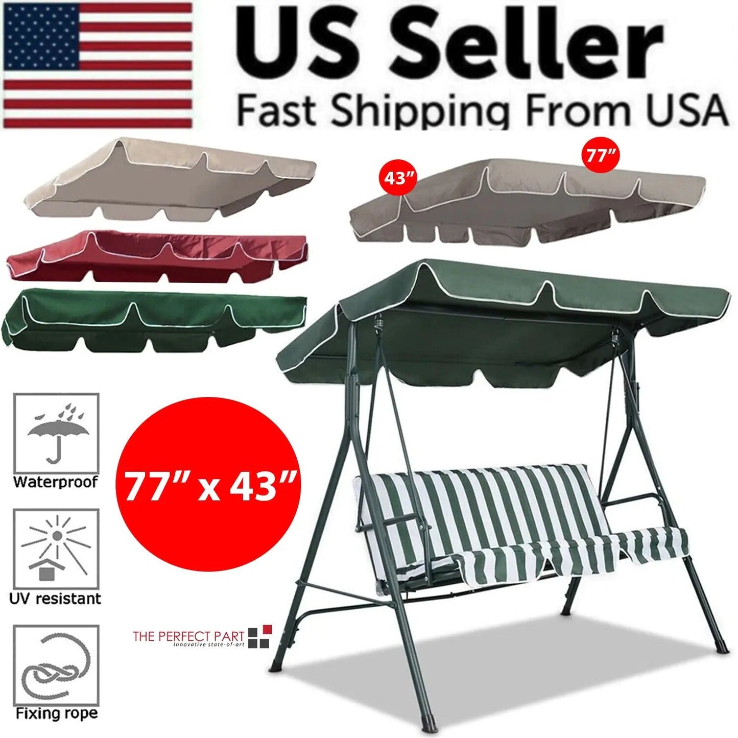 77"x43" Patio Outdoor Garden Swing 300D Canopy Replacement Porch Top Cover Seat