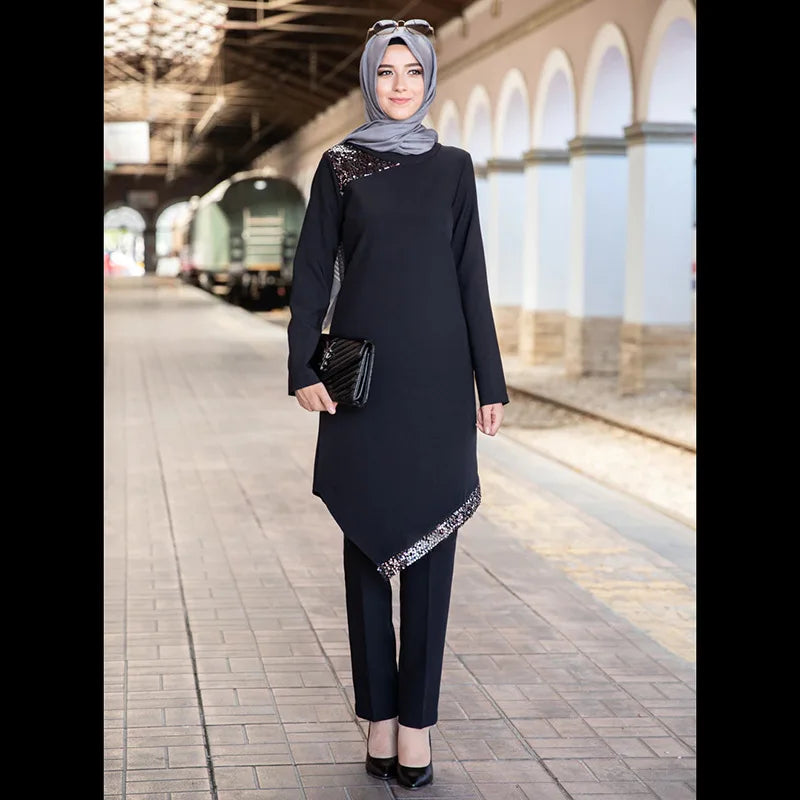 Sequins Patch Designs Muslim Women Long Tops Islamic Sets Women Muslim Pants Ramadan Prayer Clothes 2 Piece Set 103028