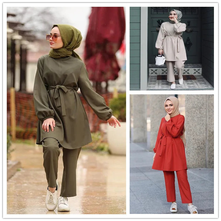 2021 Fashion Muslim Sets Women Long Tops Islamic Sets Women Muslim Pants Ramadan Prayer Clothes 2 Piece Set Slim Waist 816