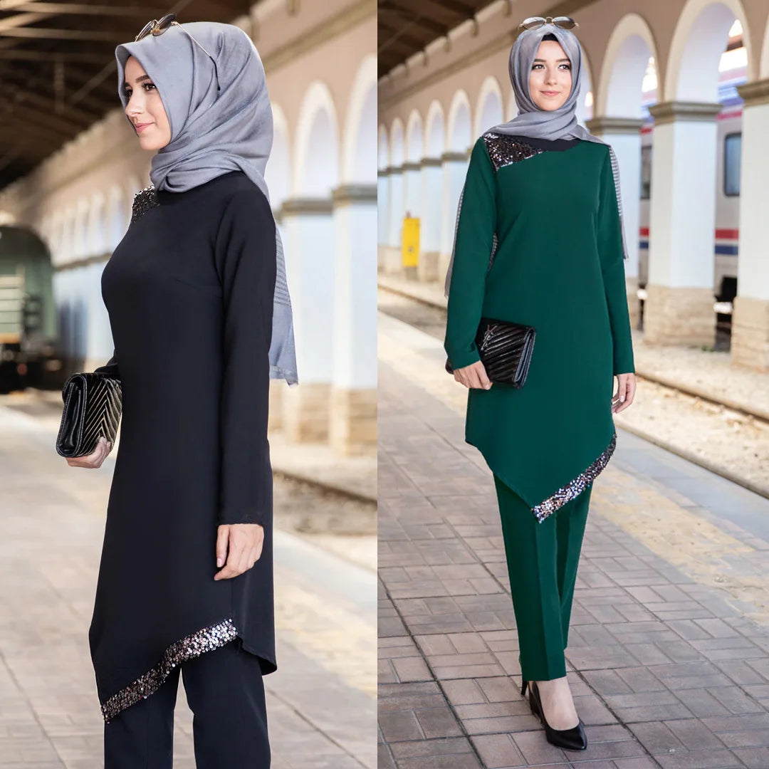 Sequins Patch Designs Muslim Women Long Tops Islamic Sets Women Muslim Pants Ramadan Prayer Clothes 2 Piece Set 103028