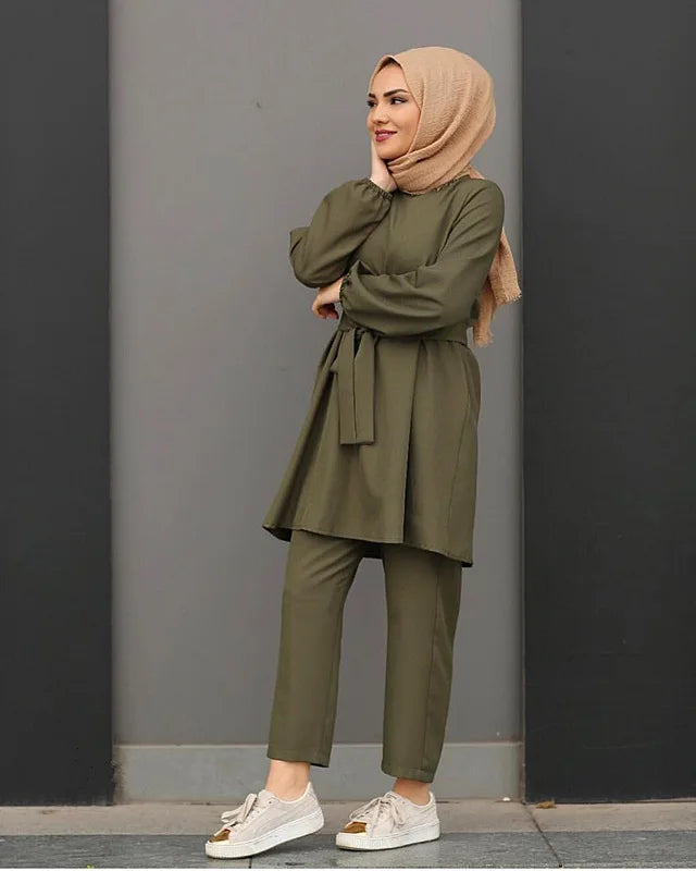 2021 Fashion Muslim Sets Women Long Tops Islamic Sets Women Muslim Pants Ramadan Prayer Clothes 2 Piece Set Slim Waist 816