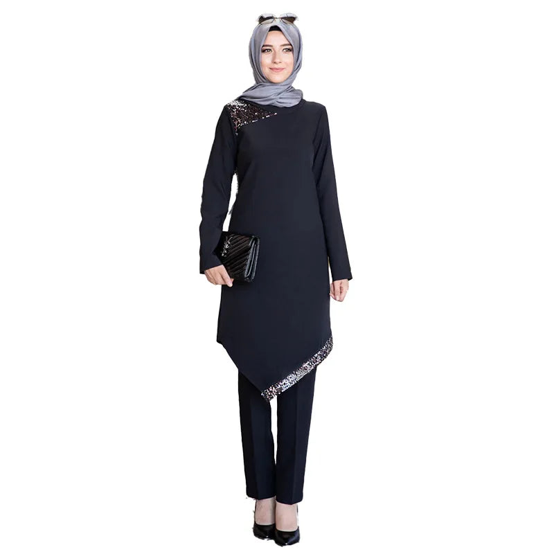 Sequins Patch Designs Muslim Women Long Tops Islamic Sets Women Muslim Pants Ramadan Prayer Clothes 2 Piece Set 103028