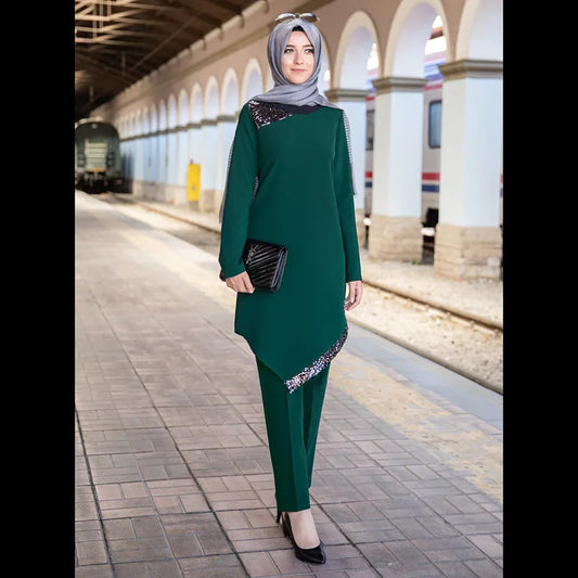 Sequins Patch Designs Muslim Women Long Tops Islamic Sets Women Muslim Pants Ramadan Prayer Clothes 2 Piece Set 103028