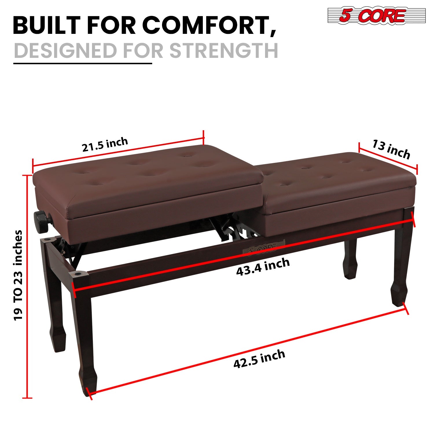 5CORE Duet Piano Bench w Storage For Two Wooden Adjustable Keyboard Stool - Adults & Kids-3