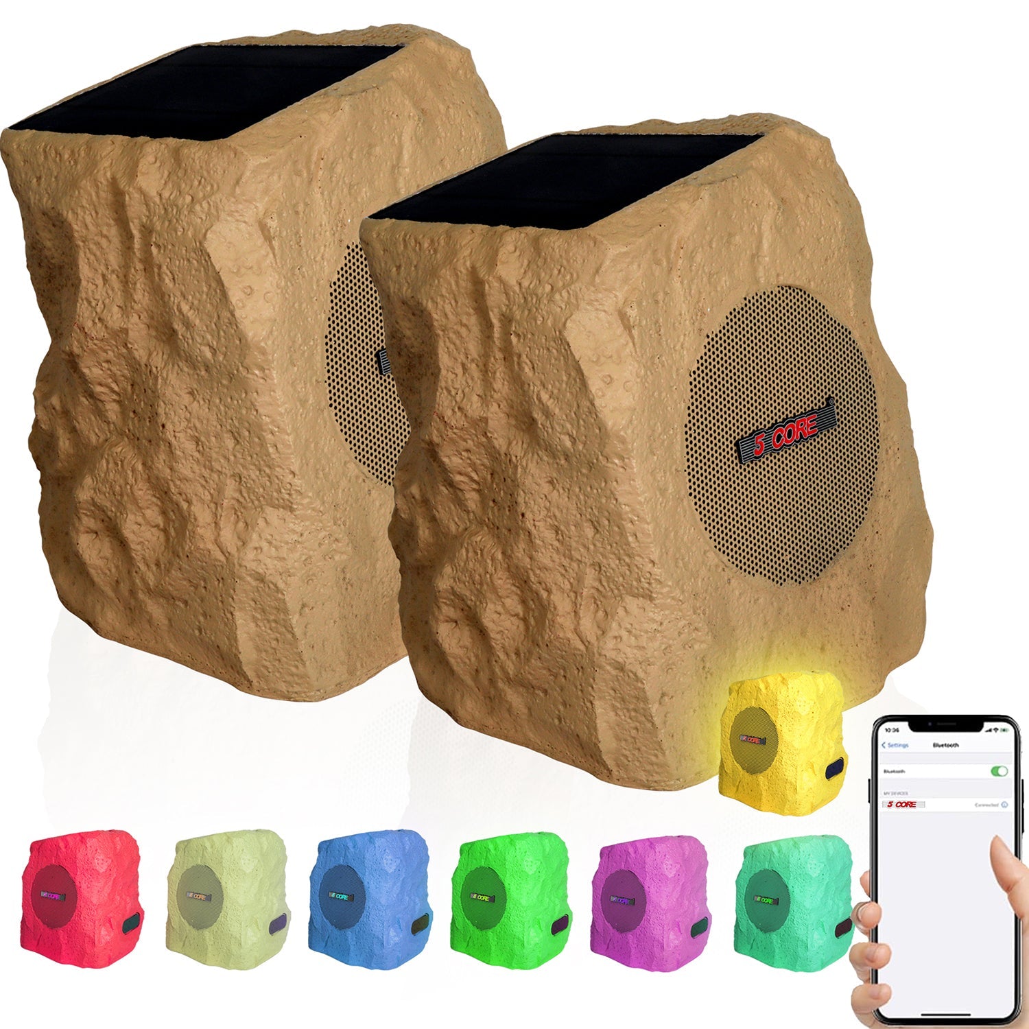 5 Core Outdoor Bluetooth Wireless Rock Speaker TWS Patio Garden Speakers Rechargeable w LED 1/2/4 Pc Brown-12