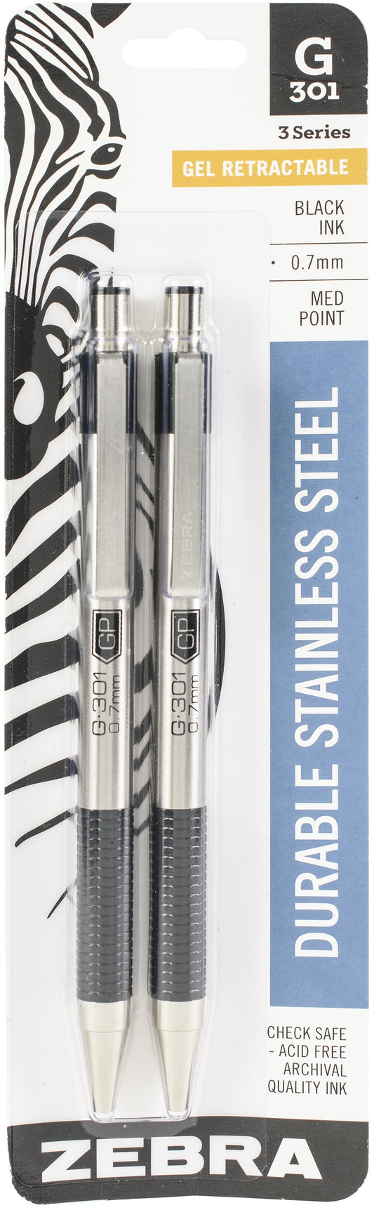 Zebra G301 Stainless Steel Gel Retractable Pen 2/Pkg