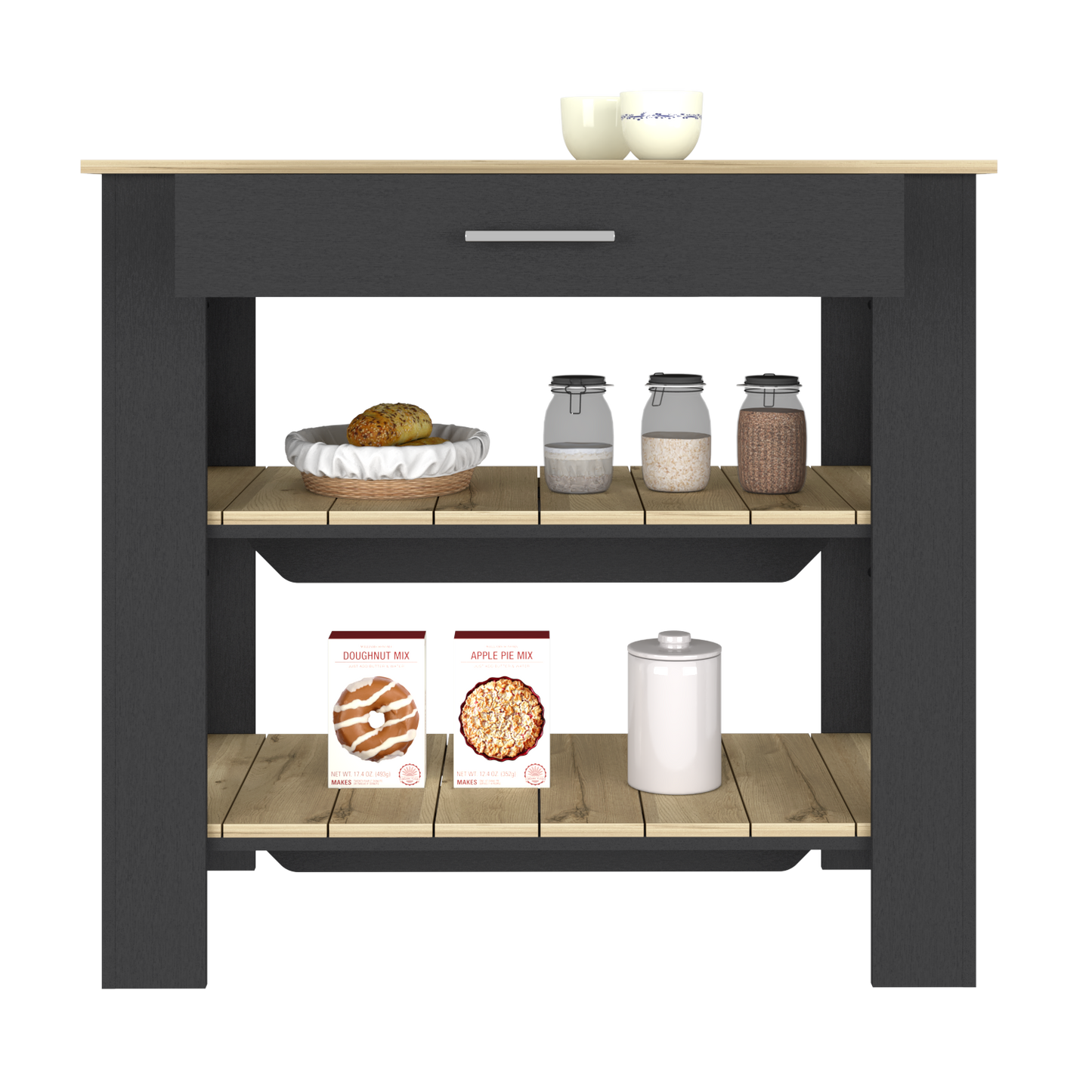 Kitchen Island 40 Inches Dozza, Two Shelves, Black Wengue / Light Oak Finish-2