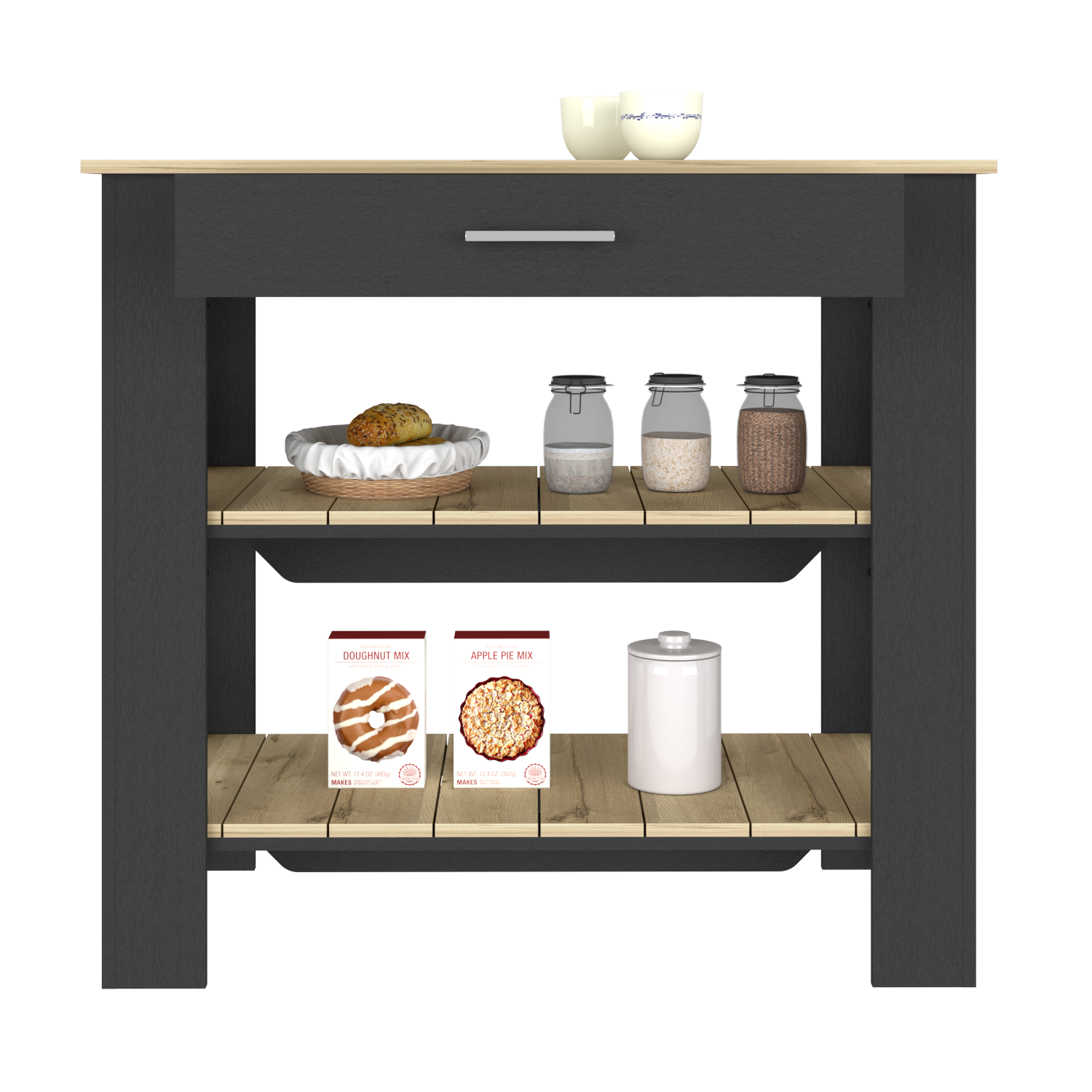 Kitchen Island 40 Inches Dozza, Two Shelves, Black Wengue / Light Oak Finish-2