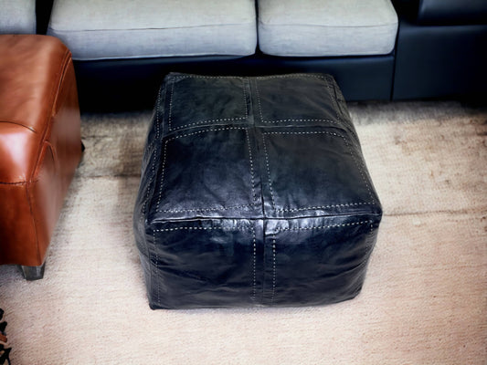 Embrace Timeless Elegance with Our Exquisite Large Black Square Leather Pouf-0